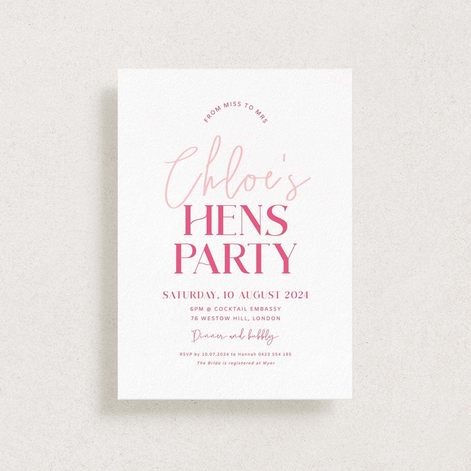 Hens Party Invitation, PRETTY IN PINK