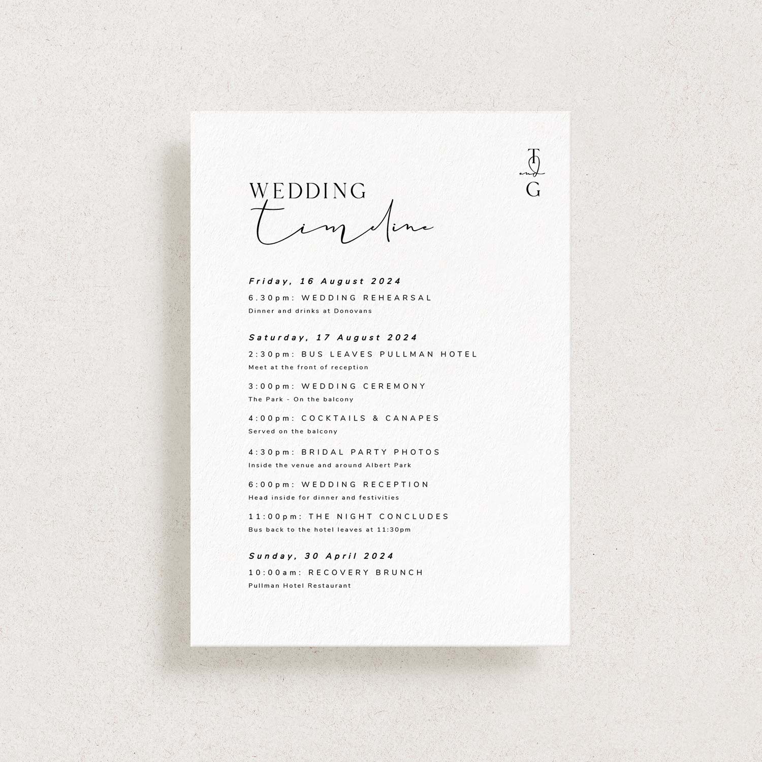 Printable Wedding Itinerary Card, MONOGRAM