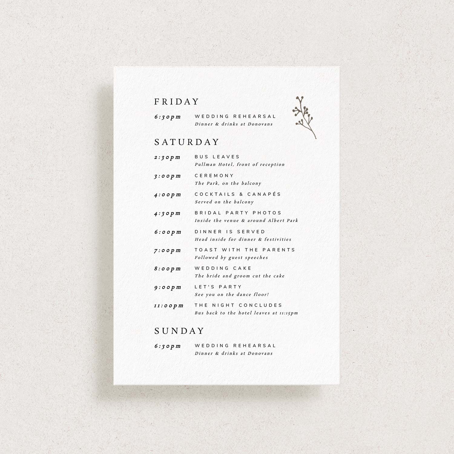 Printable Wedding Itinerary Card, PERENNIAL